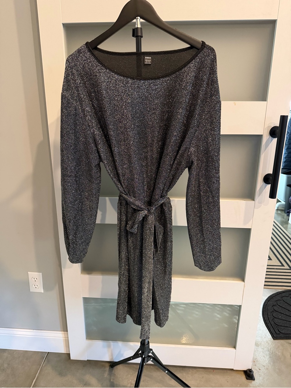SHEIN Sparkle Knit Long-Sleeve Belted Dress - Black Silver